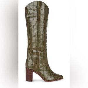 SCHUTZ Olive Croc-Embossed Tall Pointed-Toe Knee-High, Heeled Boot